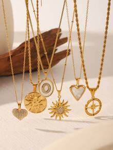 1件太阳与心形吊坠项链，镶嵌水钻，白色贝壳项链，精致首饰，适合女性日常佩戴 - 彩色 - 查看 5