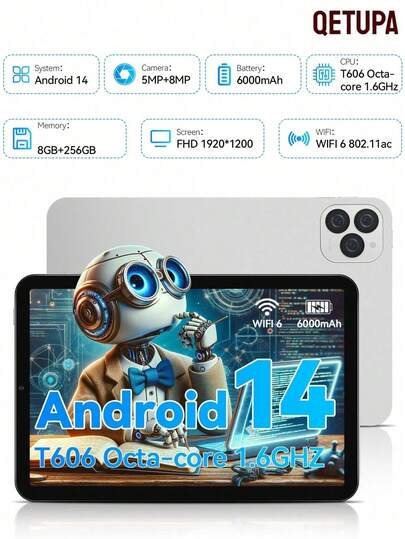 Qetupa Android 14 Tablet, 8GB RAM+256GB ROM, 10.1 Inch T606 Octa