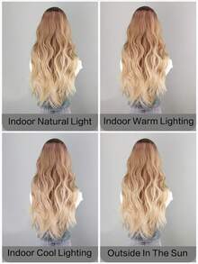 28英寸长波浪假发，渐变金色假发，深色发根，自然卷曲耐热合成纤维假发，适合女性日常、派对、旅行、万圣节、圣诞节、新年狂欢节、音乐节角色扮演等场合。