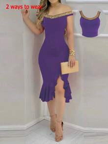 Black Elegant Bodycon Dress, Women's - Sleeveless Backless Design, Ruched Tailoring, Suitable For Party Wear, Perfect For Spring/Summer Events, Machine Washable Polyester Blend Fabric, Form-Fitting, Decorated With Sequin Trim. - Purple - View 3