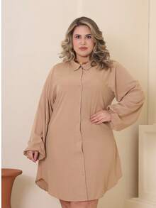 Plus Size Viscose Shirt Dress, Elegant, Lightweight, All Curve - 裸體 - 查看 1