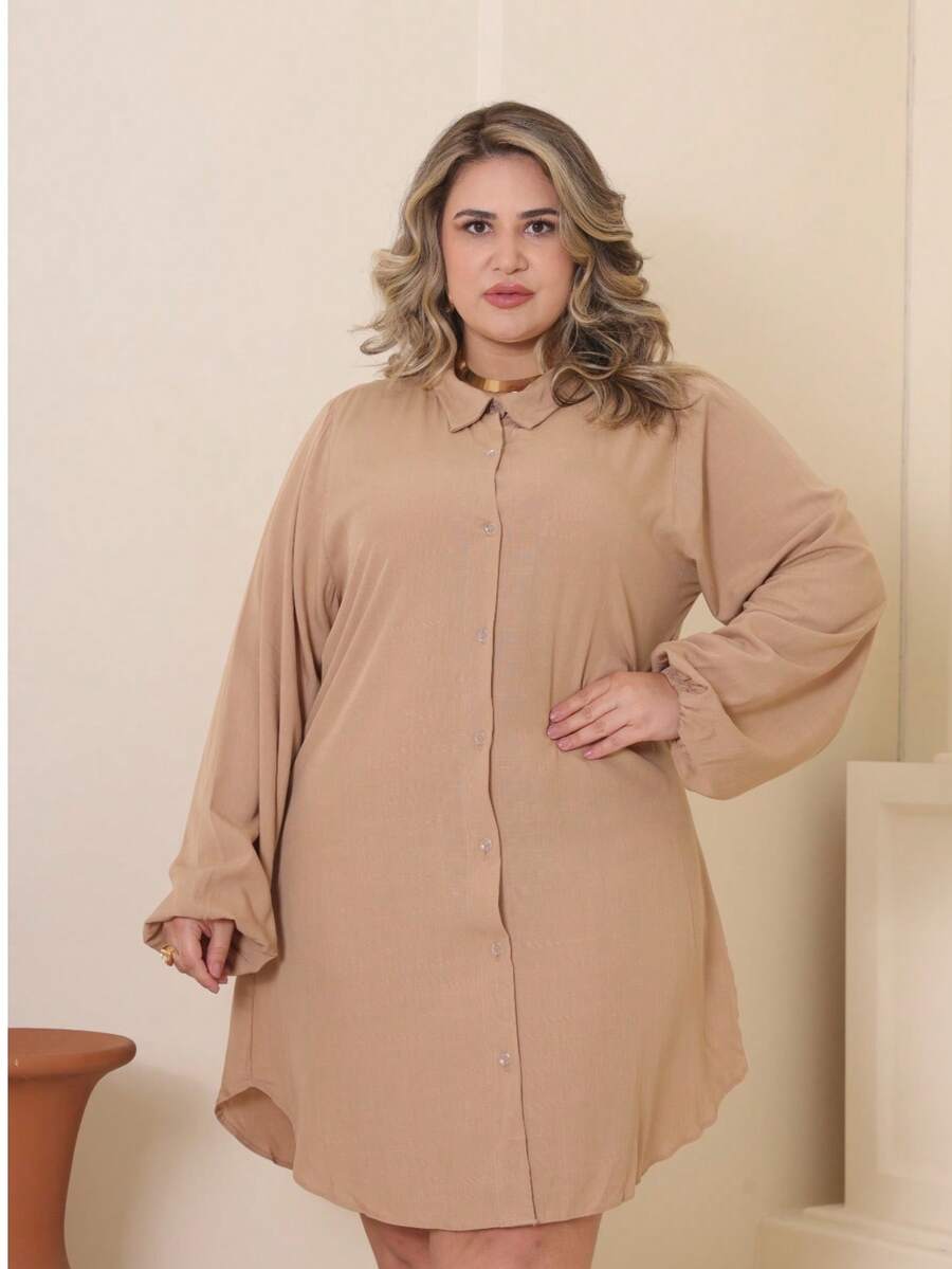 Plus Size Viscose Shirt Dress, Elegant, Lightweight, All Curve - 裸體 - 查看 1
