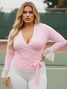 Blusas de otoño de talla grande para mujer, camisas de corte entallado con cuello en V, manga larga y encaje de retazos - Rosa - Ver 6