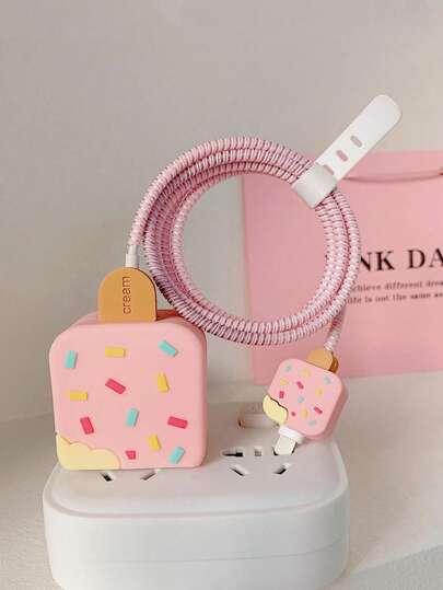 Set de 4 piezas de protector de cargador y protector de cable de datos en espiral con diseño de helado