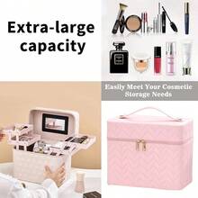 Cosmetiquera de Bolso Para Uso Diario, Bolsa de Maquillaje con Espejo, Imitación de Piel, 4 Compartimientos Plegables, Para Maquillaje, Perfumes, Joyería, Con Correa de Transporte, Accesorio de Belleza, Diseño con Relieve y Elegante - Rosa - Ver 7