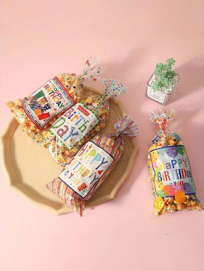 50 túi quà bằng nhựa trong suốt có nút thắt xoắn màu vàng - Thiết kế bóng bay nhiều màu sắc và chữ Happy Birthday dùng làm quà tặng tiệc sinh nhật, quà tặng kỷ niệm, vật dụng gói quà, đồ trang trí tiệc sinh nhật, thiết kế lễ hội, nút thắt xoắn