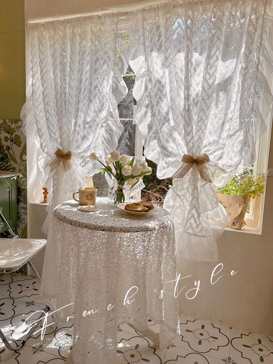 1 pieza Cortina blanca transparente de encaje romántico francés, cenefa de encaje estilo granja, cortina de cocina lavable a máquina, cortina media estilo cafetería, fácil instalación