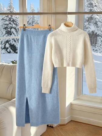 女士简约休闲浪漫纯色复古优雅通勤罗纹针织毛衣和裙子套装，高领长袖毛衣，适合海滩、学校、办公室、日常穿着、约会、秋冬