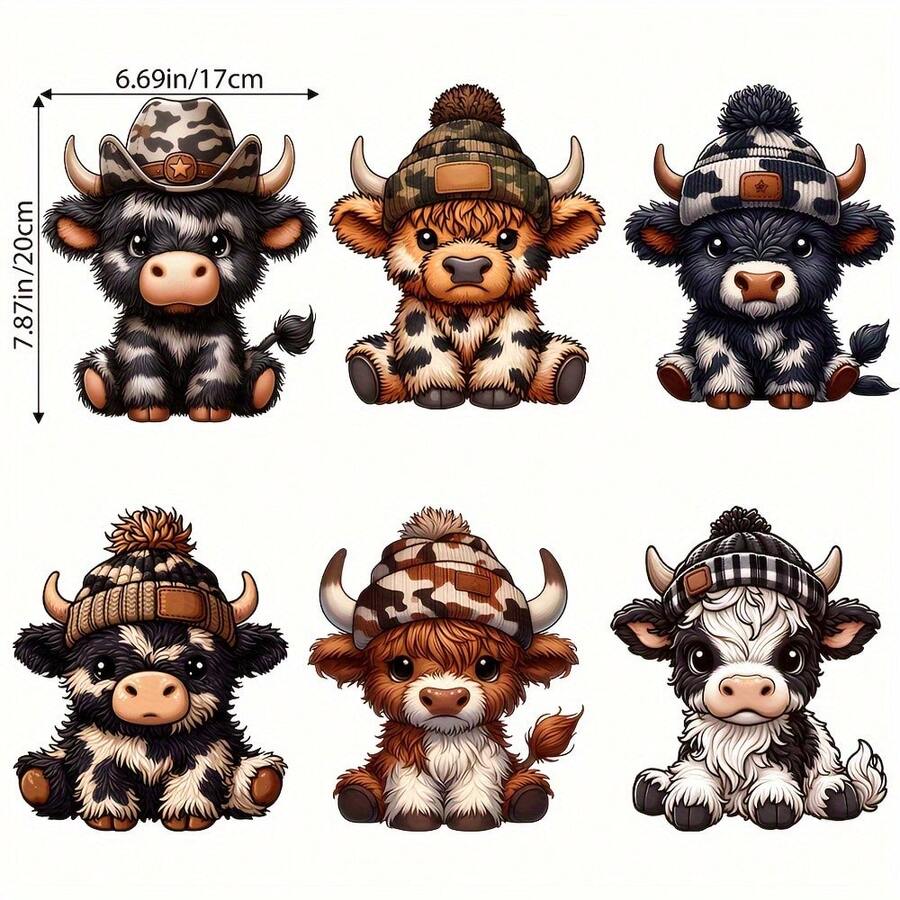6 Cute Highland Cow Heat Transfer Stickers, Fashionable And High-Quality DIY Shirts, Jeans, Masks, Backpacks Special Durable Heat Transfer Stickers - Personalized Style Design - 彩色 - 查看 1