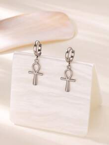 1Pair Vintage Egyptian Ankh Cross Drop Hoop Earrings For Women Men, Egyptian Ankh & Eye Of Horus Earrings, Gold Stainless Steel Earrings, Silver Earrings, Symbolic Earrings, Mystic Aesthetic Jewelry Fashion Accessories For Daily Wear, Ankh Festival Gift For Her - Earrings - View 11