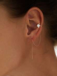 Nooxian 1对海洋元素长流苏锆石耳夹耳环，女士海豚锆石耳链，女士耳环 - 金黃色 - 查看 3