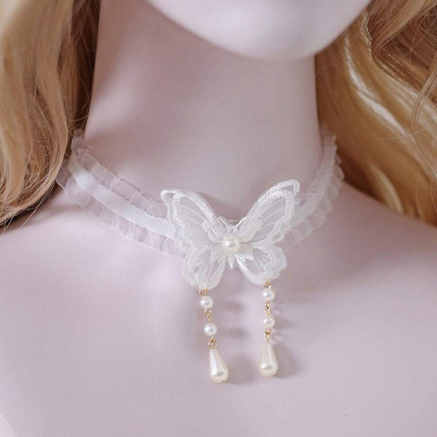 Original Forest Style Niche Fairy-Like Mesh Ribbon Sweet Lace Butterfly Collarbone Necklace - 2091 Beige - View 1