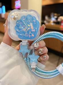 5pcs Pearl Shell & Star Pattern [20W UK Charger Protector Case] Transparent Charging Port Protector & Anti-Breakage Data Cable Protector Suit For IPhone 11/12/13/14/15/16 Pro Max/17 Pro Max/Plus | 2-In-1 Protector Set - Multicolor - View 4