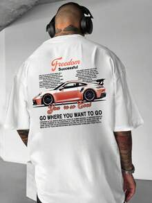 Men's White Short Sleeve T-Shirt, Racing Graphic & "Free Spirit, Unobstructed" Slogan, Streetwear Style