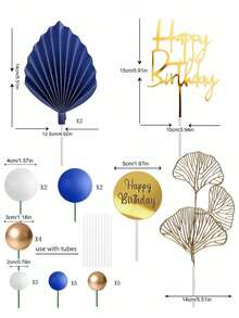 27pcs Boho Cake Decoration Set, Gold, White And Blue Ball Cake Decoration, Palm Leaf Folding Fan Bohemian Style, Suitable For Wedding Birthday Cake Decoration, Bohemian Theme Party Supplies, Men's Birthday Cake Decoration, Retirement Party Cake Decoration, Christening Cake Decoration(Do Not Touch The Cake Directly; Please Use It With The Tube.When Using, The Spherical Surface Should Not Touch The Cake.) - Multicolor - View 10