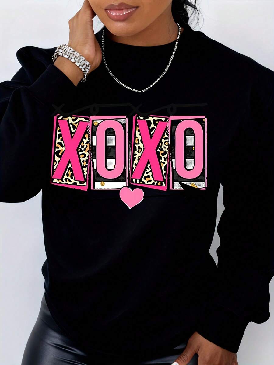 XOXO Leopard Print Heart Arrow Sweatshirt Women Casual Long Sve Pullover Top Gray - màu đen - Xem 1