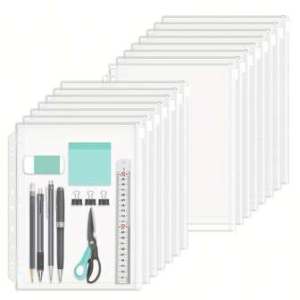 10个透明PVC A4活页夹口袋，带拉链封口，兼容9孔活页夹 - 信纸尺寸，耐用塑料文件袋，带标签分隔页，适用于办公室、学校、商务 - 活页夹口袋方便文件存储和取用，包含9个活页夹孔，非常适合整理文件、报告、照片和证书。