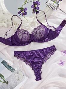 Sexy Lace & Mesh Lingerie Set For Women - Purple - View 1