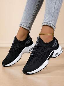 女士春秋新款透气白色低帮系带轻便休闲圆头运动鞋 - 黑色 - 查看 1