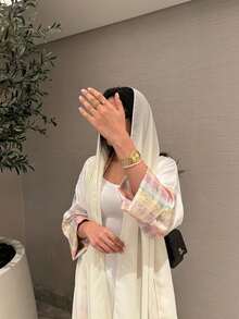 2件組女款優雅格紋印花拼接袖波希米亞夾克附頭巾，時尚復古阿拉伯風長袍開襟外套，白色秋季款 - 白色 - 查看 6