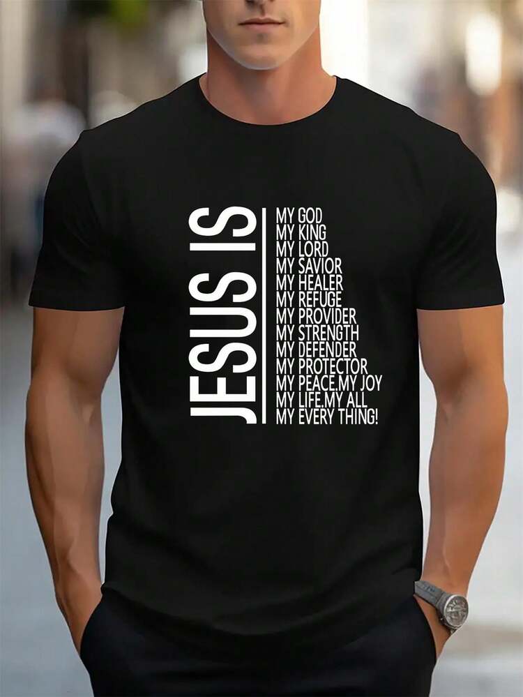 Camiseta con Estampado Inspirador de Jesús para Hombre - Cuello Redondo Cómodo, Manga Corta, Mezcla de Algodón, Patrón Geométrico, Camiseta Casual de Verano, Ropa Motivacional, Diseño Inspirador, Tela de Calidad, Camiseta de Jesús - Negro - Añade 2