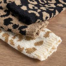 Fashion Leopard Print Women's Knitted Gloves - Warm, Windproof, Vintage Style For Autumn And Winter, Comfortable For Daily Casual Outings - Beige - View 6