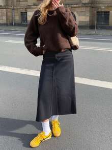 女士休闲长款A字牛仔裙，饰有纽扣和口袋，高腰设计，无弹力面料，适合日常穿着 - 黑色 - 查看 4