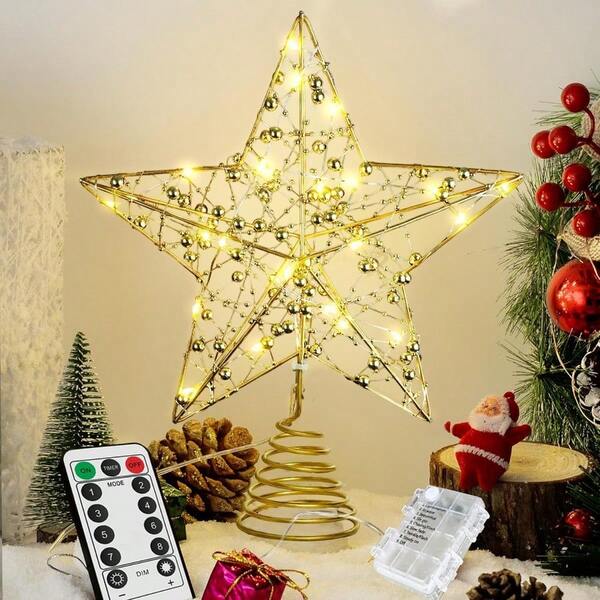 Christmas Tree Topper Golden Glittered Star Tree Topper With 20 LED Lights Xmas Tree Star Topper With Remote Control For Xmas Decorations Home Office Indoor Holiday Party Indoor Decor