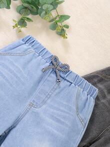 3pcs/Set Kids Light & Medium Blue Washed Denim Jeans, Boys Casual Elastic Waist Pants For Spring & Autumn - Khaki - View 5