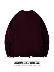 Autumn/Winter Unisex Street Style Minimalist Long Sleeve Crew Neck Pullover Sweater With Fringe & Distressed Details, Loose & Comfortable