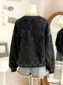 女士秋冬复古木屋印花休闲简约复古街头风日常舒适长袖保暖水洗圆领卫衣 - 黑色 - 查看 2