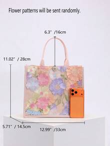 1pc Colorful Sequin Mesh Patchwork Linen Tote Bag, Fashion Floral & Leaf Embroidery Design, Large Capacity Square Shoulder Bag, Casual Beach Vacation Shopping Bag (Floral Pattern Randomly Distributed), Beach Bags, Summer Outfits - Pink - View 3