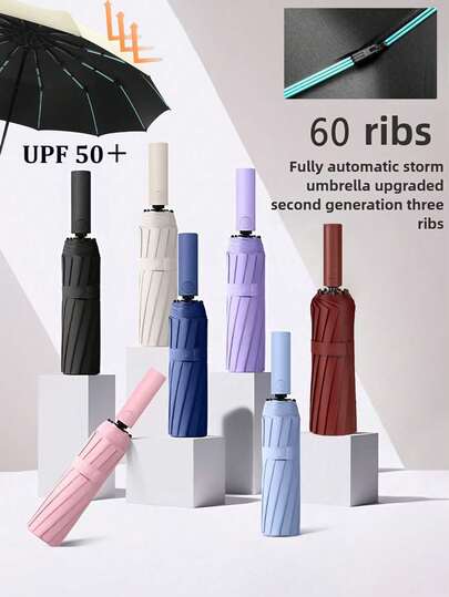 60-Rib Fully Automatic Umbrella, Sun And Rain Protection, UV Protection Umbrella, Suitable For School, Office, Home, Travel And Back-To-School Supplies, Dual-Use Umbrella, Sun Protection, 99% UV Protection, Suitable For Men And Women, Durable Structure, Sun And Rain Protection