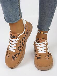 Women's Casual Versatile Leopard Print White Striped Accent Sneakers, Fashion Eye-Catching Comfortable Durable Rubber Soft Sole Athletic Shoes, Breathable Lightweight Patchwork Sports Shoes - 豹紋色 - 查看 3
