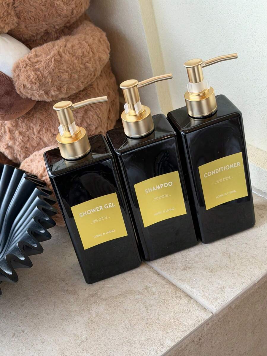 Set de 3 piezas, botellas de plástico recargables negras de 500ml, botellas vacías para champú, gel de baño y acondicionador, incluye 6 etiquetas de clasificación resistentes al agua - Negro - Ver 1