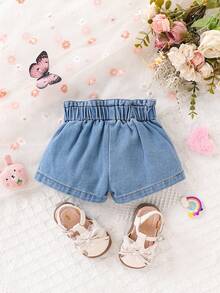 Quần short denim nơ xinh xắn cho bé gái - Trang phục mùa hè thoải mái - Món đồ thời trang không thể thiếu cho bé gái sành điệu - Rửa nhẹ - Xem 5