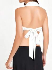 Women's Halter Neck Vest Summer Sleeveless Open Back Solid Color Satin Tank Tops - 白色 - 查看 7