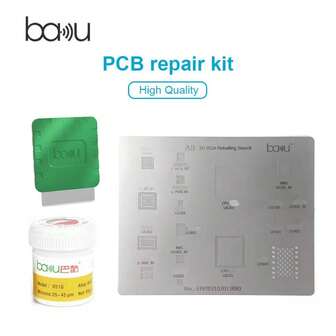 BAKU BGA植球返修台套件，包含通用钢网（适用于手机维修）、塑料刮刀、焊膏（35克/支）、多功能植锡模板（适用于手机BGA IC芯片维修）和焊接台。