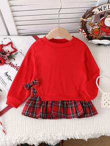 Blusa casual de niña de color rojo sólido con dobladillo a cuadros, adorable decoración de moño 2 en 1 sudadera - Rojo - Ver 1