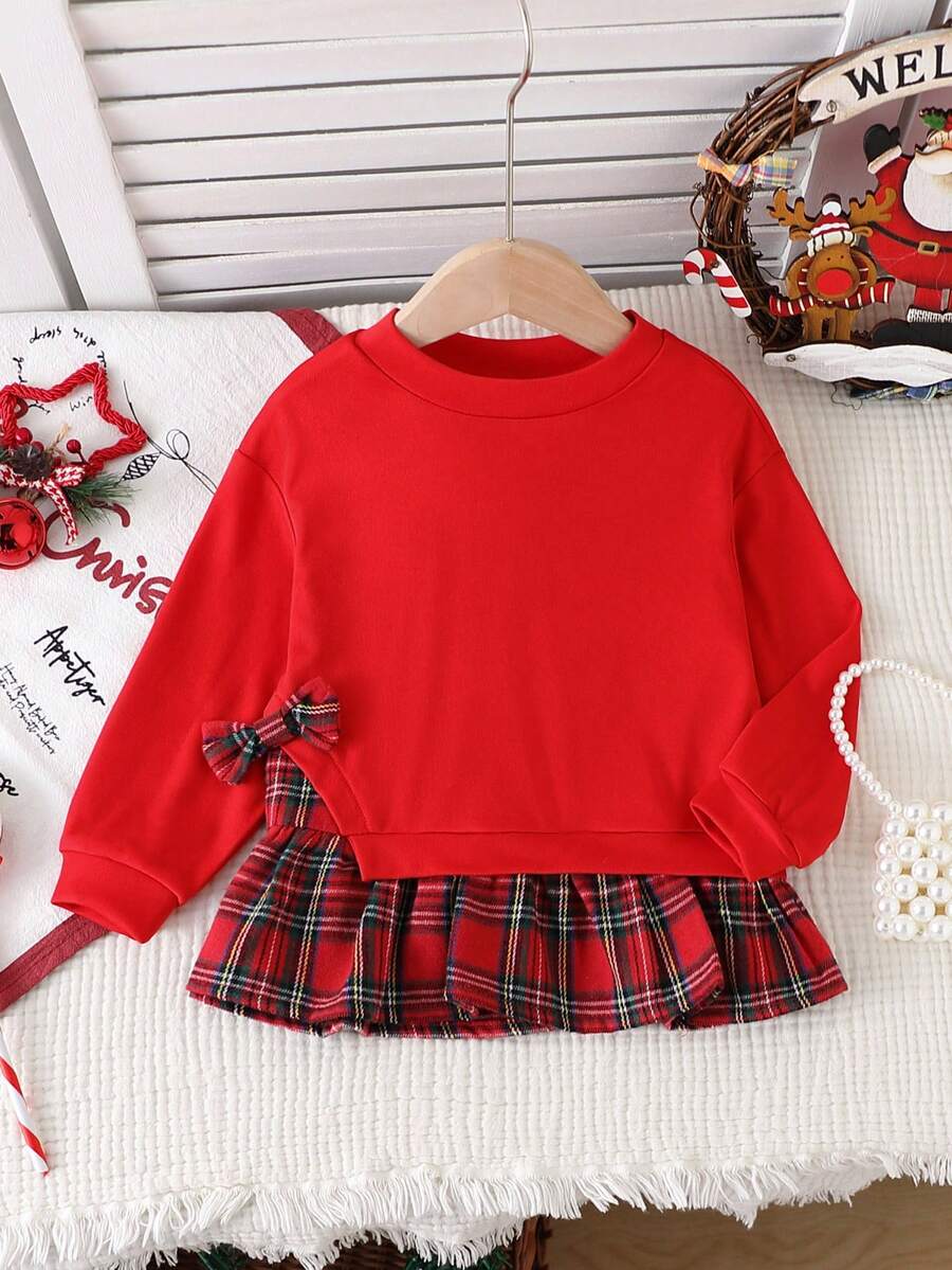 Blusa casual de niña de color rojo sólido con dobladillo a cuadros, adorable decoración de moño 2 en 1 sudadera - Rojo - Ver 1