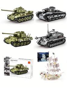 大型武装坦克积木玩具套装（彩盒包装），成人收藏级重型坦克模型套件 - T-34-85 中型坦克、迪克·马克斯坦克、豹式坦克、新式坦克，1592 块巨型积木舰船玩具拼装套装 - 军事迷、特警爱好者的仿真拼装玩具，家居办公桌面生日礼物圣诞装饰交通工具积木 - 彩色 - 查看 1