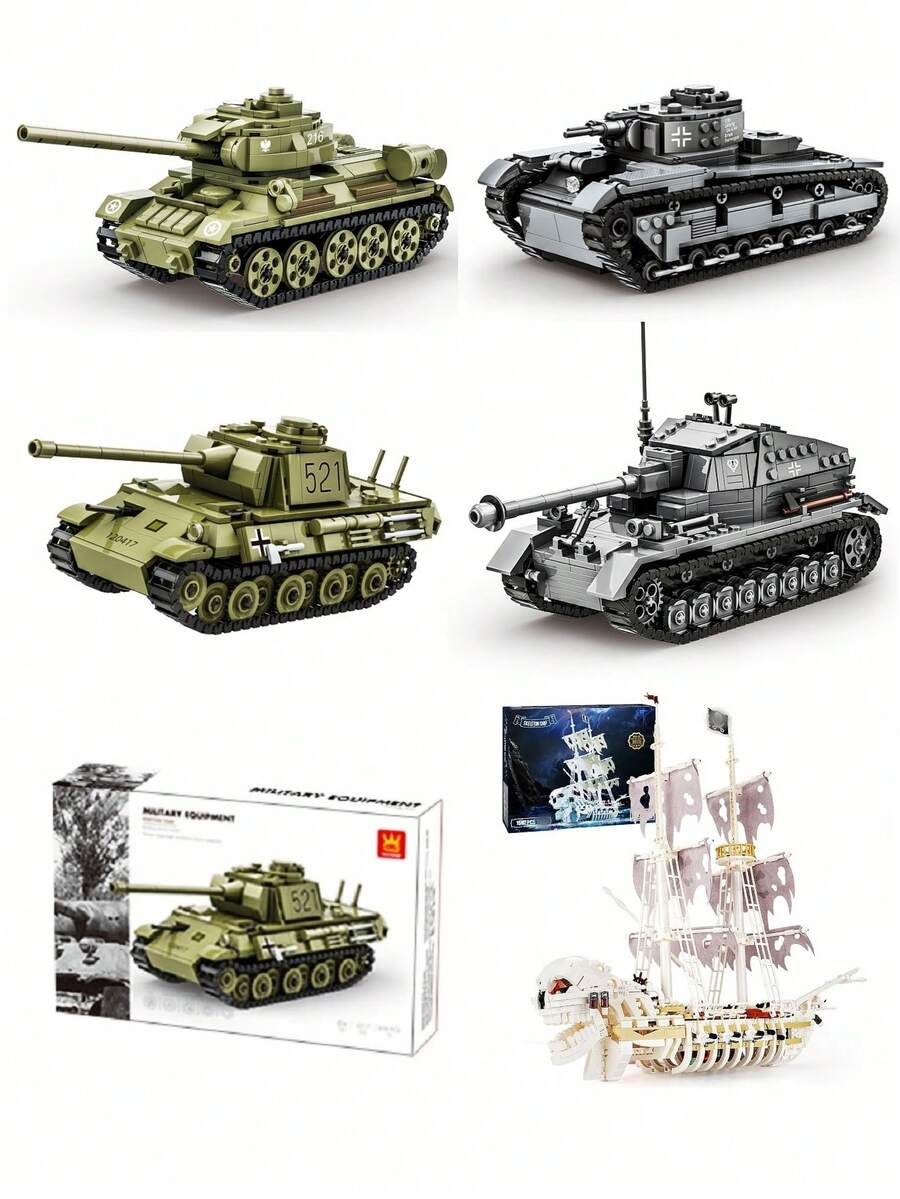 大型武装坦克积木玩具套装（彩盒包装），成人收藏级重型坦克模型套件 - T-34-85 中型坦克、迪克·马克斯坦克、豹式坦克、新式坦克，1592 块巨型积木舰船玩具拼装套装 - 军事迷、特警爱好者的仿真拼装玩具，家居办公桌面生日礼物圣诞装饰交通工具积木 - 彩色 - 查看 1