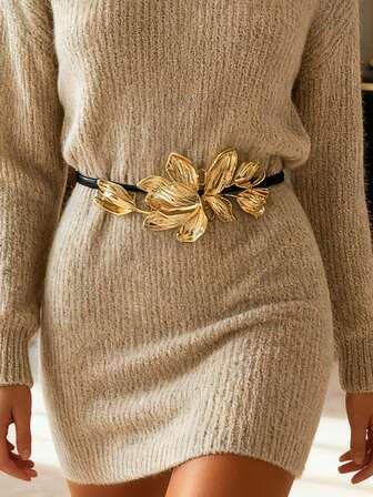 1件时尚优雅合金3D郁金香花装饰腰带，百搭复古夸张黑色皮绳腰链