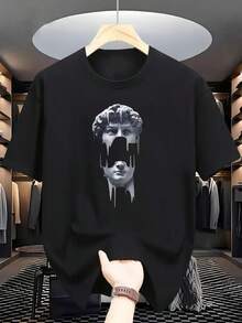 Letter Pattern Print Casual Crew Neck T-Shirt 100% Cotton Knit Fabric Medium Stretch, Summer Short Sleeve Top, Fashionable Versatile - Black - View 1