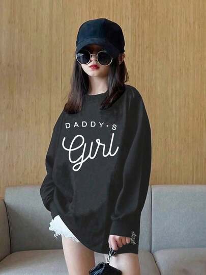 Tween Girls Funny Graphic Print Long Sleeve Crew Neck T-Shirt, Autumn/Winter Top