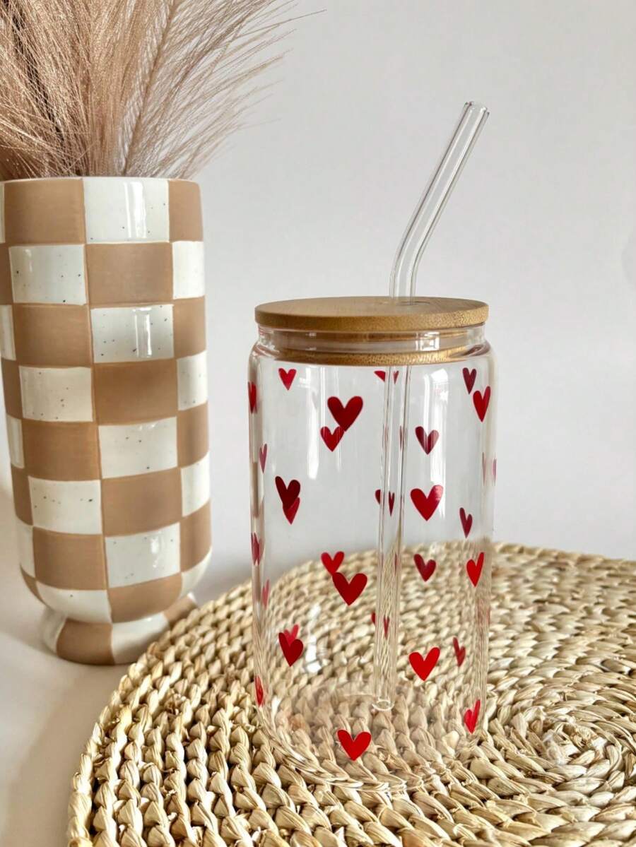 Heart-Shaped Glass Straw Cup, Large Capacity Straw Water Bottle, Suitable For Juice, Coffee, Matcha, Milk And Other Straw Drinkware - Multicolor - View 1