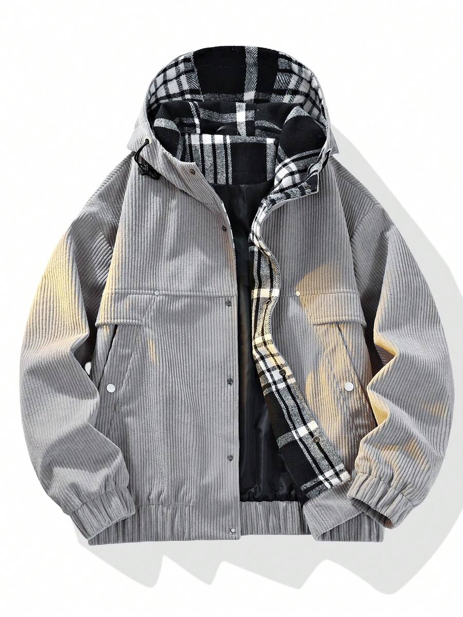 Men's Corduroy Outdoor Jacket, Loose Fit Hooded, Autumn/Winter - Grey - View 1