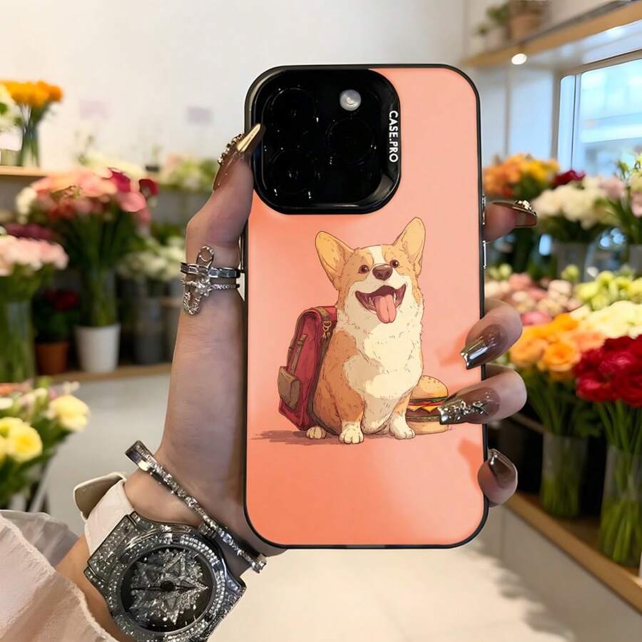 Funda para telefono con diseño de perro corgi color coral con estampado de perro con mochila y hamburguesa para uso diario y regalo Aplicable a los teléfonos de la serie Apple y Galaxy - Blanco - Ver 1