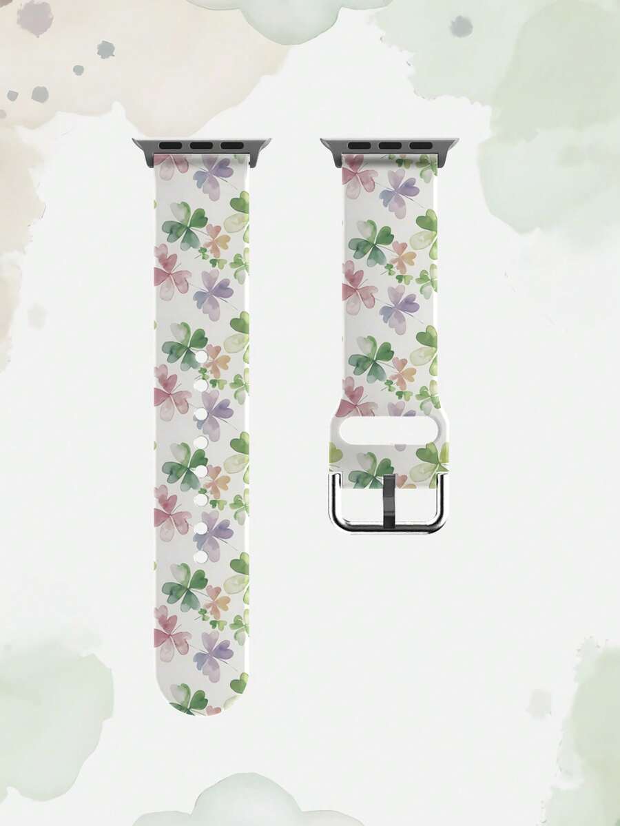一条印有四叶草图案的硅胶智能手表表带。这款通用型 20-22 毫米表带具有广泛的兼容性：兼容华为 Watch GT3/GT4、三星 Galaxy Watch6 以及 Series 1 至 Series 9、SE 和 Ultra（表壳尺寸 38-49 毫米）。