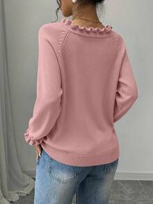 Women Button Down Sweater Fall Long Sleeve Ruffled Round Neck Casual Autumn Winter Knitted Pullover Tops - 粉色 - 查看 2